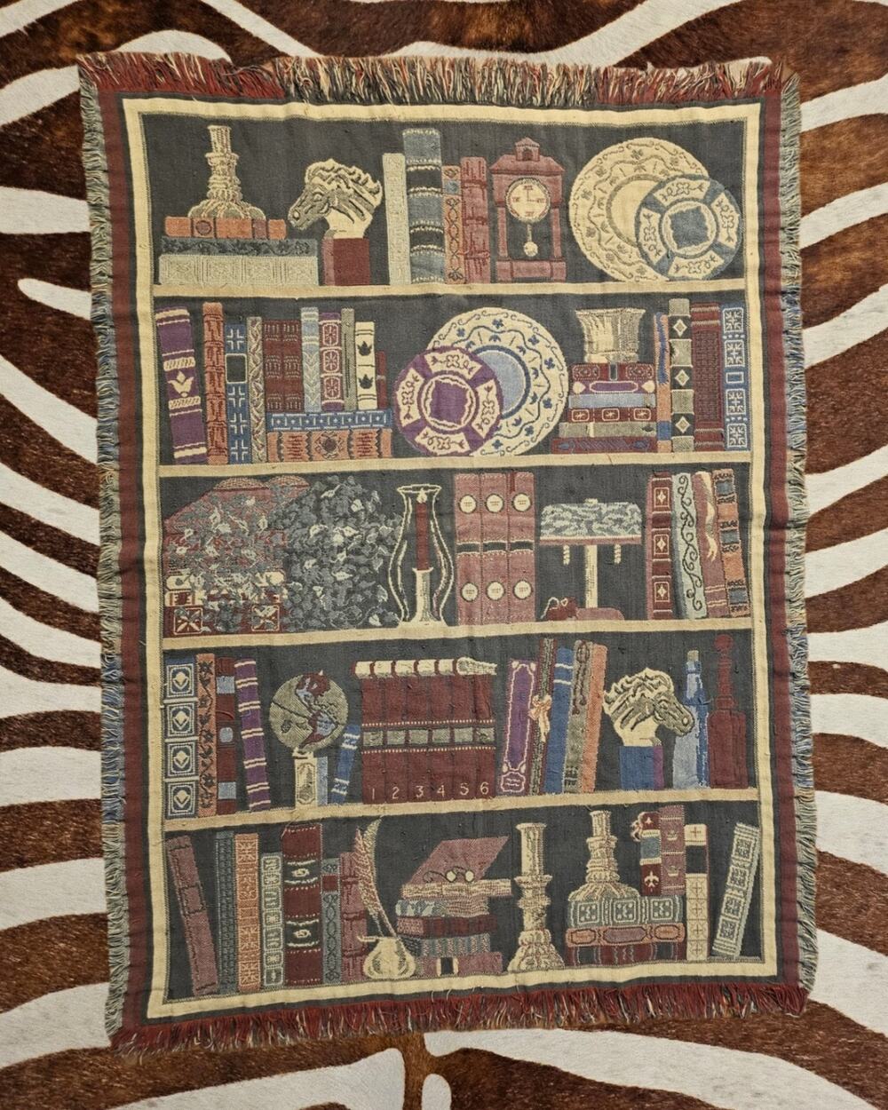 VTG Goodwin Weavers Library Bookshelf Tapestry Throw Blanket Cotton Woven USA